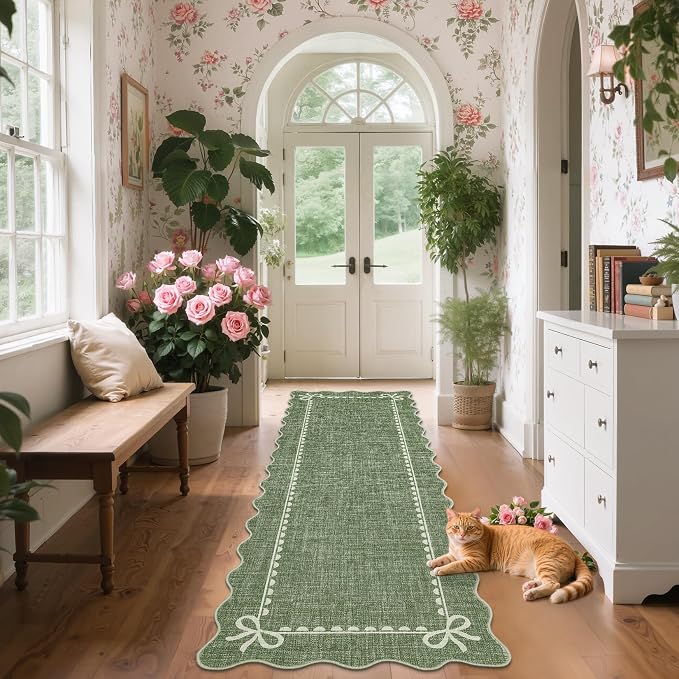 GarveeHome Scalloped Bow Rug for Living Room, Solid Green Rug for Dorm - Image 2