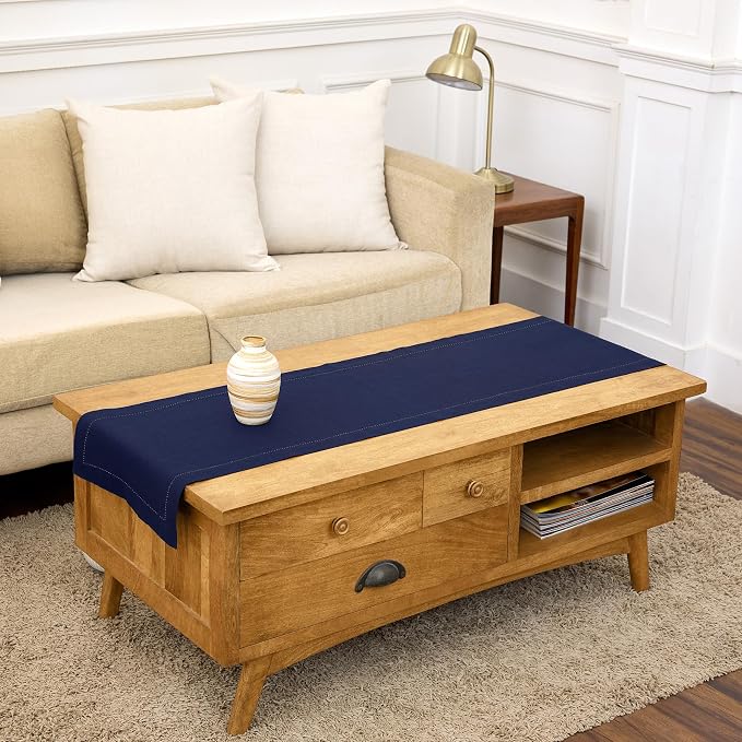 Solino Home 100% Pure Linen Table Runner Navy, Classic Hemstitch 14 x 60 in | by SolinoHome