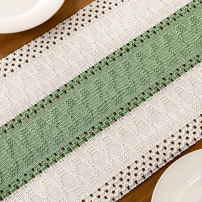 Ivory & Sage Boho Table Runner Macrame Woven Table Runner 12x60 Inch | Small - Image 6