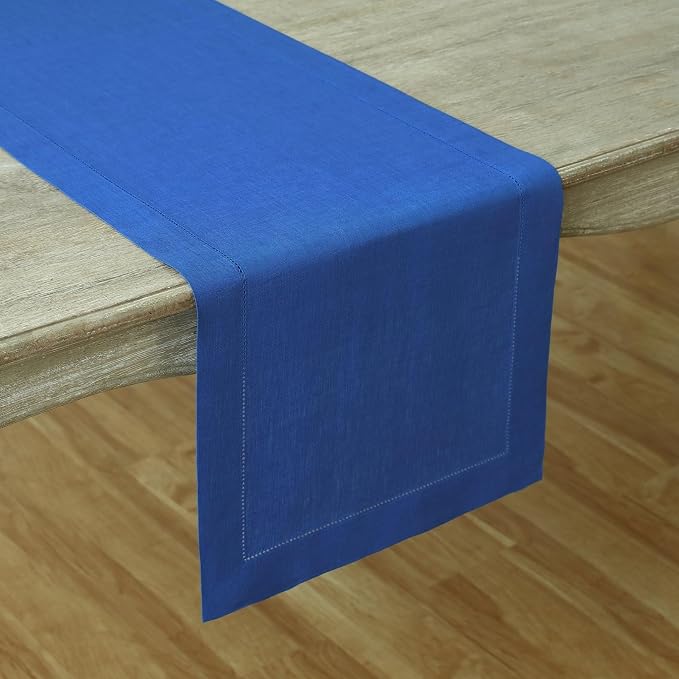 Solino Home 100% Pure Linen Table Runner Royal Blue Hemstitch, 14 x 144 in | - Image 2