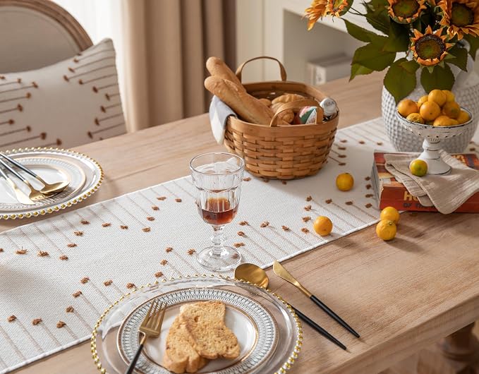Boho Table Runner 13 x 48 Inch Long Natural Cotton Woven Runner - Image 3