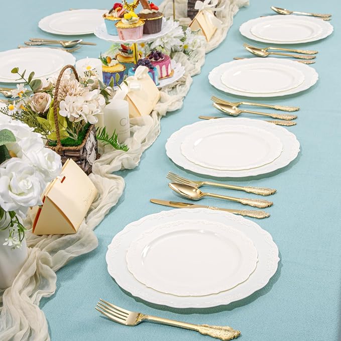 DaYammi 60PCS Ivory Plastic Plates, Fancy Plastic Plates Disposable Heavy Duty - Image 7