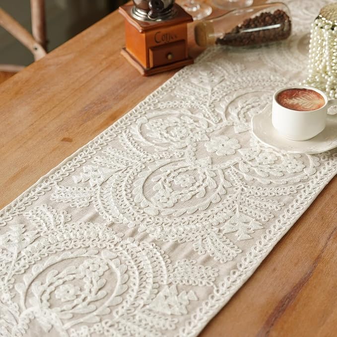 Long Table Runner Embroidered Rustic Decor, 4 Tassel Pendants, Holiday Display - Image 4