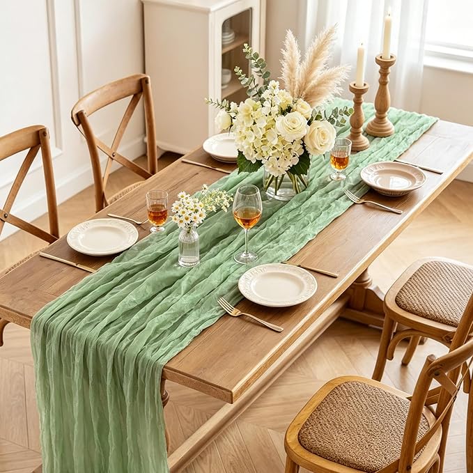 Sage Green Cheesecloth Table Runner, 10FT Rustic Green Boho Gauze Table Runner - Image 3