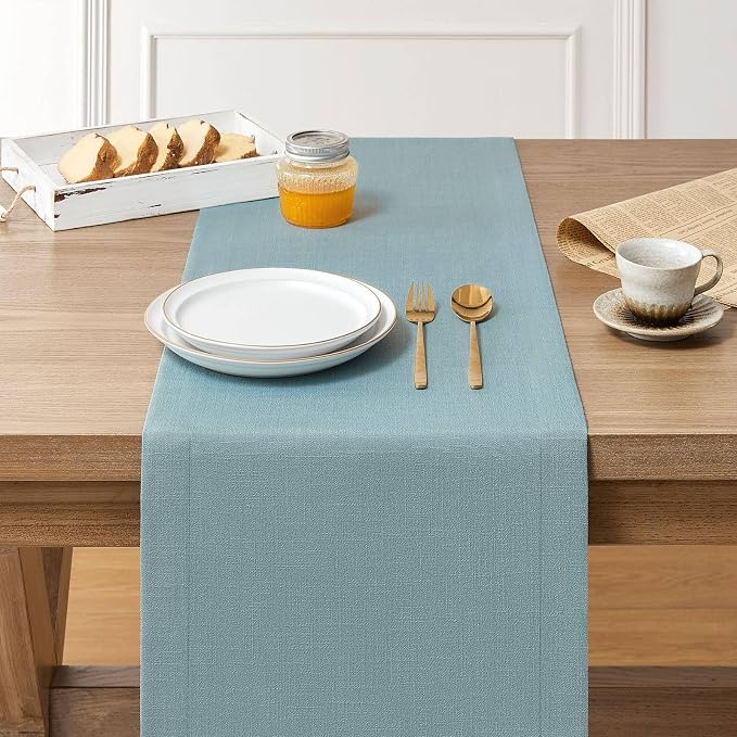 Linen Textured Border Table Runner, 14 x 108 Inch Blue | Mitered Corner Design - Image 3