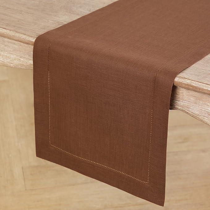 Solino Home 100% Pure Linen Dining Table Runner Brown Hemstitch, 14 x 48 in | - Image 2