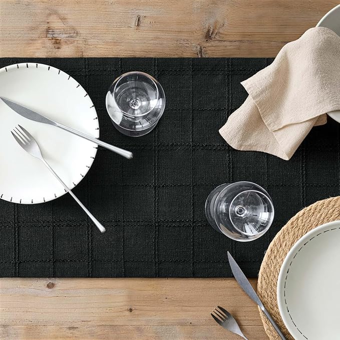Linen Checked Farmhouse Table Runner, 13x108 Inches Black | Raised Grid Design - Image 7