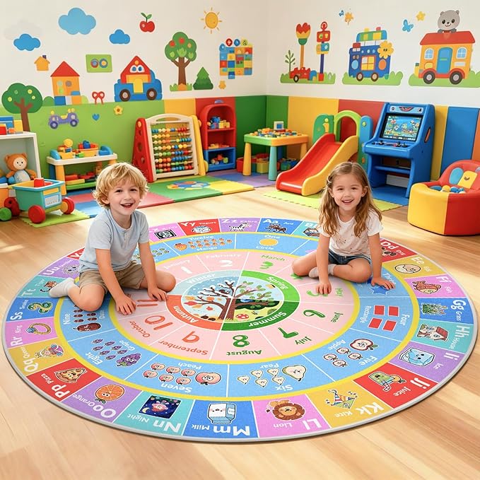 ABC Kids Rug for Playroom, 5ft Round Alphabet Small Classroom Rug, Non-Slip by GRAMBET