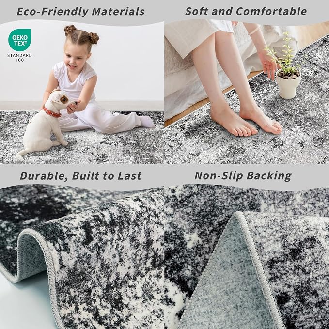 3x8 Washable Hallway Runner Non-Slip Abstract Modern Neutral Wide Carpet Runner - Image 5