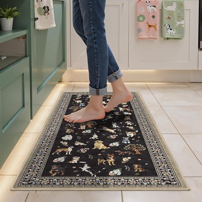 Black Floral Dog Rug for Entryway, 2x3 Washable Kitchen Mat Ultra-Thin Soft - Image 2