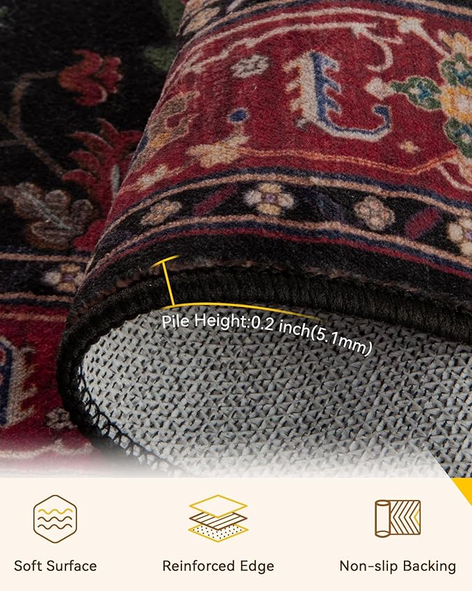 RELEANY Area Rugs Round 5ft Washable Non-Slip, Floral Vintage Distress - Image 3