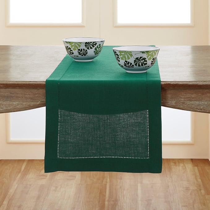 Solino Home 100% Pure Linen Table Runner Rainforest Hemstitch, 14 x 156 in | by SolinoHome