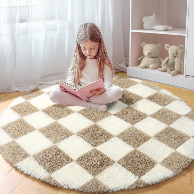 KICMOR Round Rugs for Bedroom, 4ft Fluffy Soft Circle Area Rug Beige and Cream by KICMOR