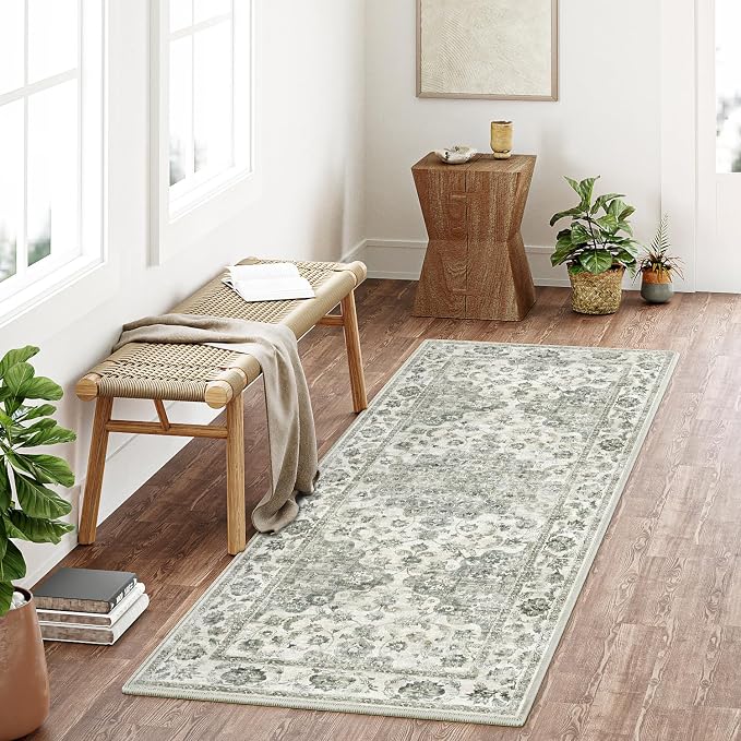2x5 Washable Neutral Runner Rug Green Vintage Hallway Kitchen Carpet Non-Slip - Image 3