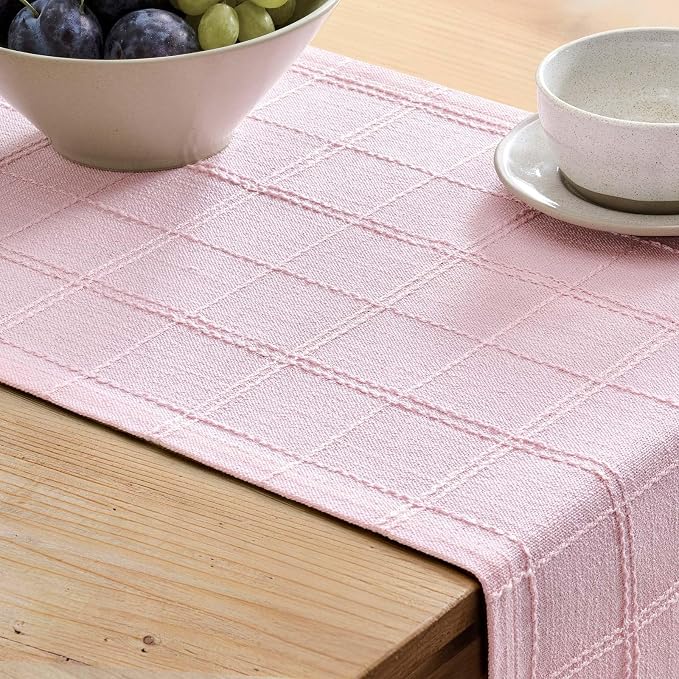 Linen Checked Farmhouse Table Runner, 13x108 Inches Pink | Raised Grid Design - Image 5