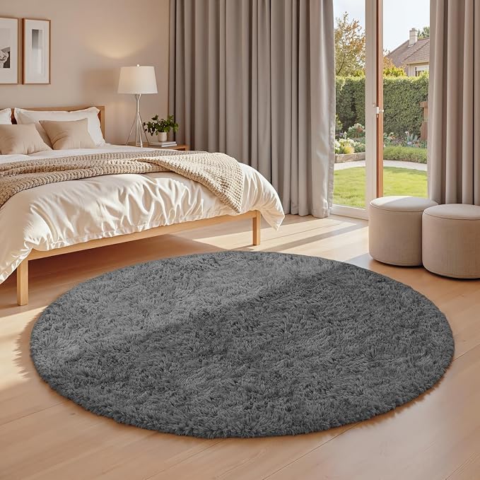 Dark Gray Round Fluffy Rug 6ft Plush Fuzzy Shaggy Carpet, Soft Rugs - Image 2