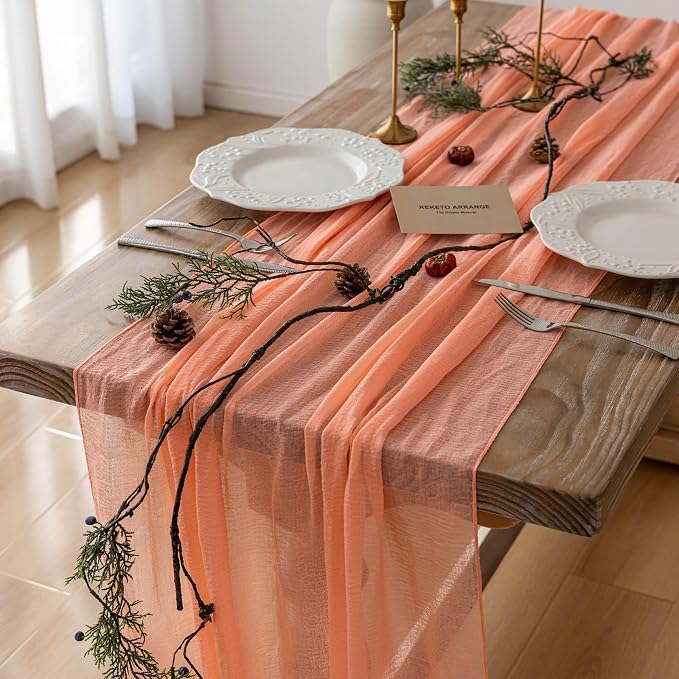 3Pcs Coral Peach Cheesecloth Table Runner 120 Inches by KEKETOARRANGE