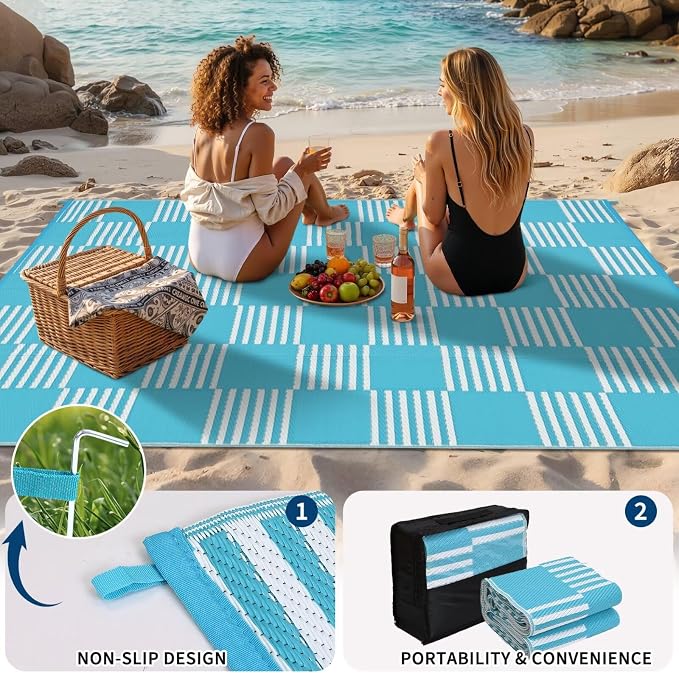 Garvee Waterproof Outdoor Rug 8x10, Checkered Foldable Plastic Straw Patio - Image 5