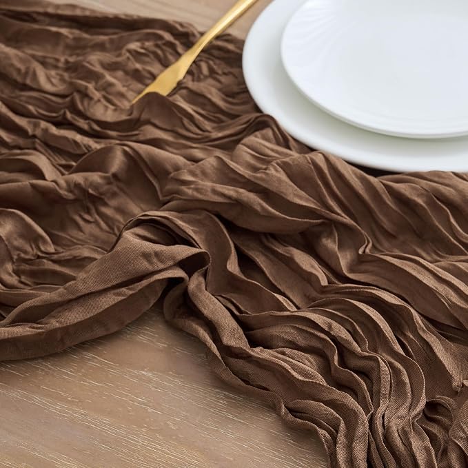 Asee'm 2pcs Brown Coffee Cheesecloth Table Runner 10FT Boho Rustic Fall | Sheer - Image 4