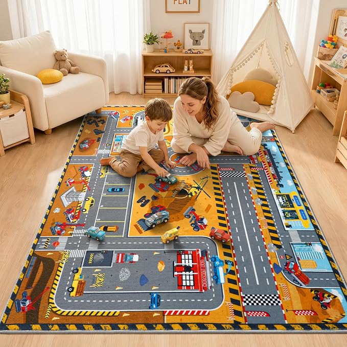 Kids Play Rug 4x5 Ft, Non-Slip Car Rug Play Mat, Washable Soft Construction - Image 3