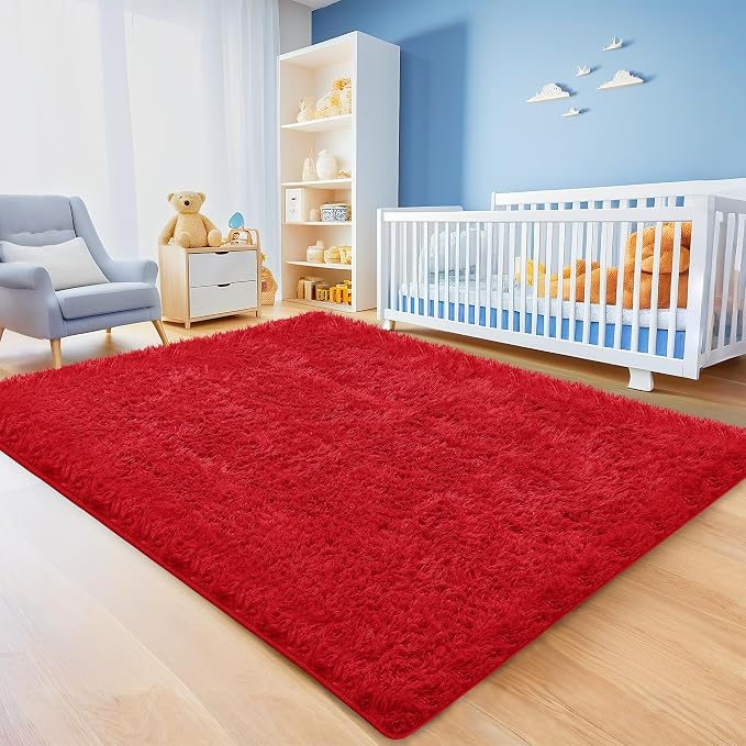 Red Shag Area Rug for Bedroom, 4x6 Fluffy Shaggy Rugs for Living Room Nursery - Image 3