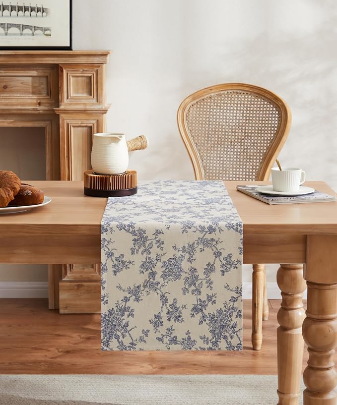 French Pastoral Farmhouse Table Runners, 13x90 Inch Blue | 100% Organic Cotton - Image 2