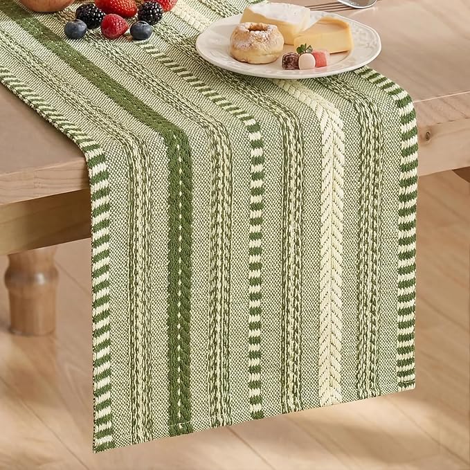 Artoid Mode Army Green Farmhouse Stripe Braided Table Runner 12x36 Inch | by ArtoidMode