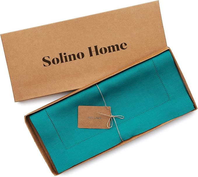 Solino Home 100% Pure Linen Dining Table Runner Teal Hemstitch, 14 x 156 in | - Image 5