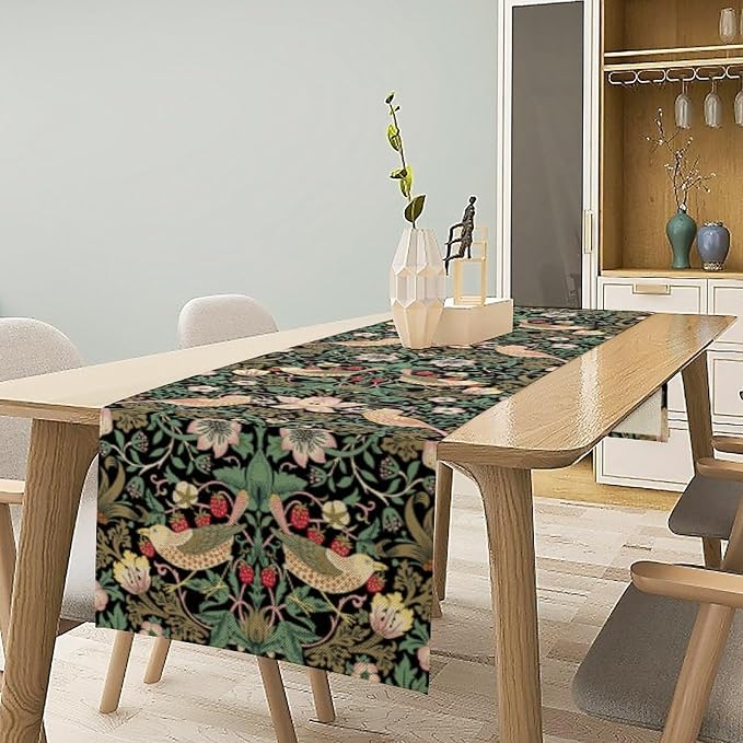 William Morris Floral Table Runner, Vintage Flowers Green Botanical Printed - Image 3