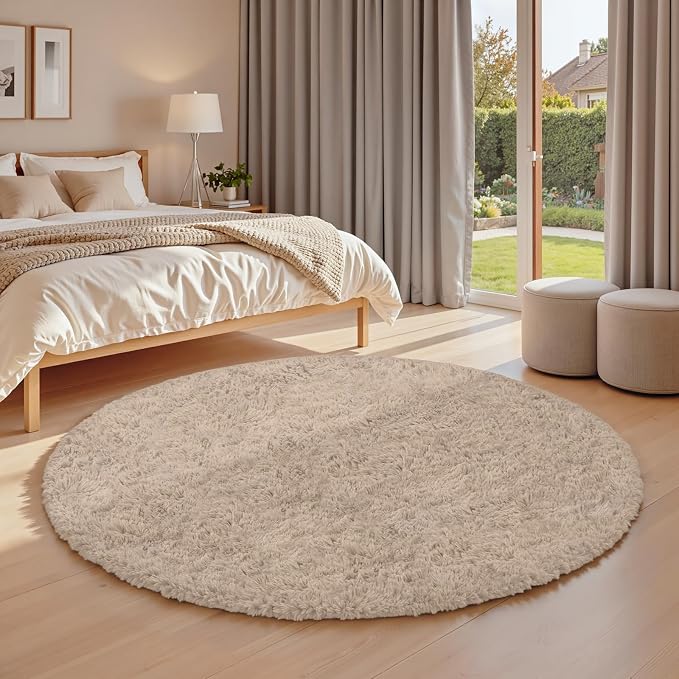 Beige Round Fluffy Rug 6ft, Soft Bedroom Circle Rugs Mats - Image 3