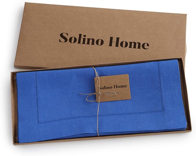 Solino Home 100% Pure Linen Table Runner Blue, Classic Hemstitch 14 x 90 in | - Image 5