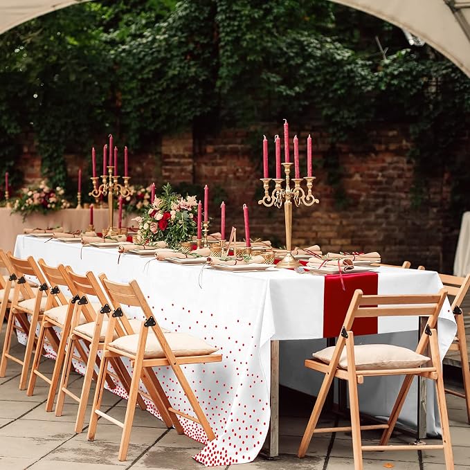 8Pack Disposable Plastic Tablecloths and Satin Table Runner Set White and Red - Image 7