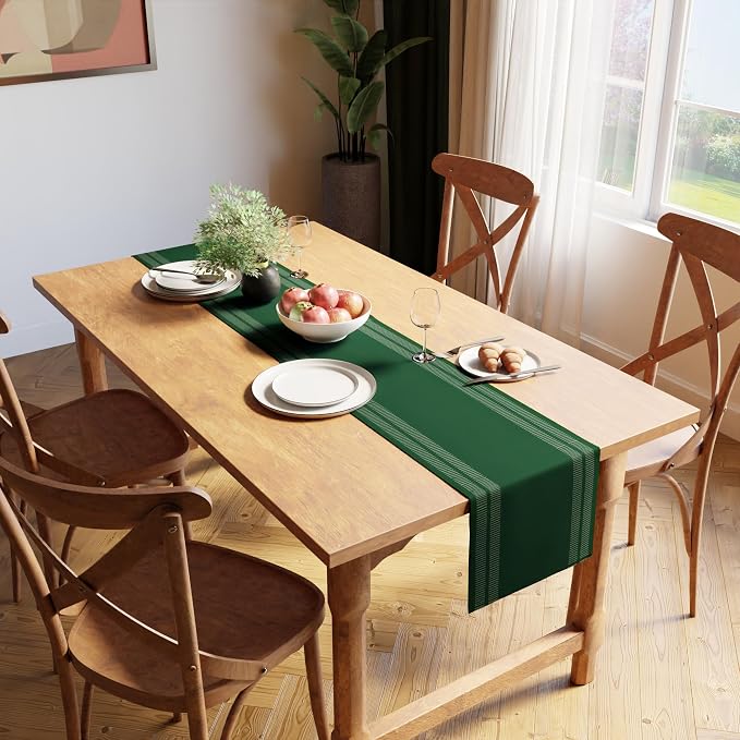 Encasa XO Table Runner, Yarn Dyed Ribbed Cotton 13"x94" | Ladder Dk Green - Image 2
