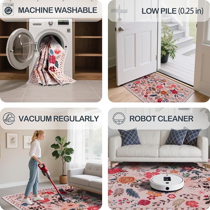 8x10 Area Rugs for Living Room Clearance Washable Boho Area Rug, Vintage Floral - Image 4