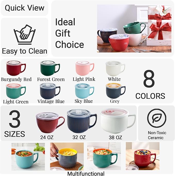 Ceramic Soup Bowl with Handle & Lid, 32oz Microwave Ramen Bowl Burgundy Red | - Image 3