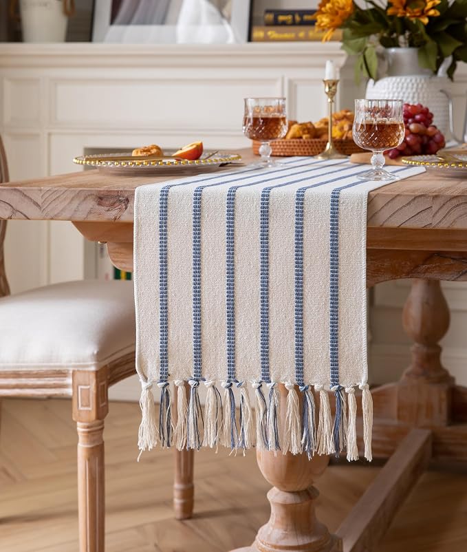 Caflife Boho Table Runner 90 Inchs Long Blue and Beige, Cotton and Linen Woven - Image 2