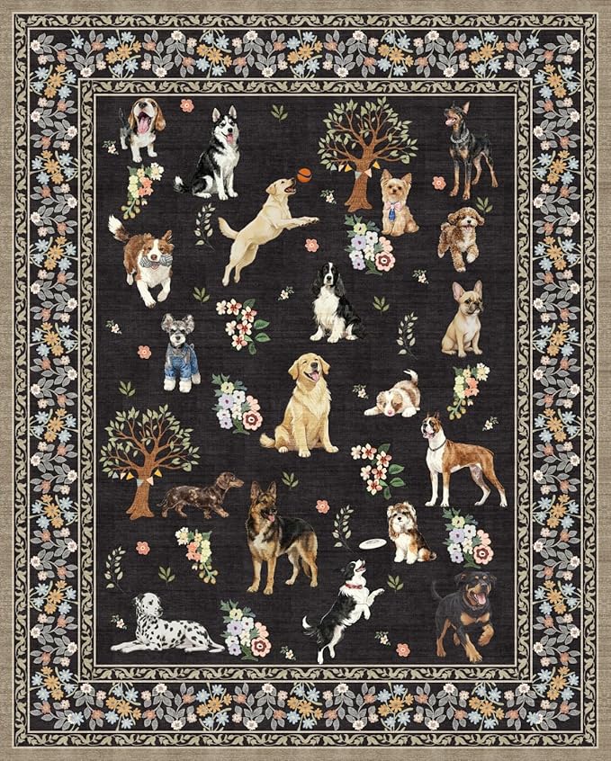 Black Dogs Area Rugs 9x12 Living Room Washable Rug Non Slip Floral Low Pile by WelcometoBabovid