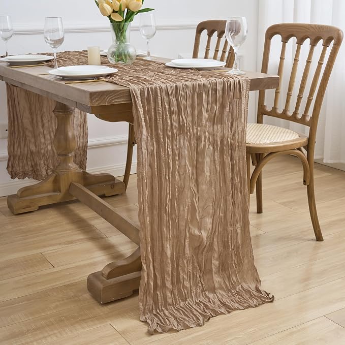 Asee'm 2pcs Nude Brown Cheesecloth Table Runner Summer Boho Rustic 10FT | Fall - Image 7