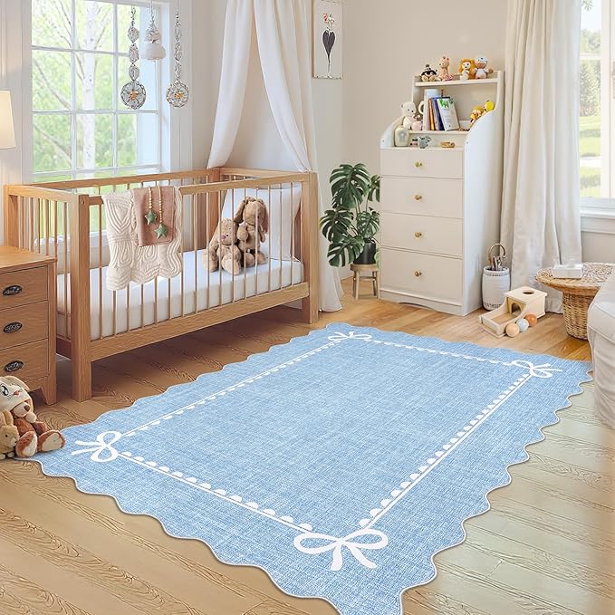 GarveeHome Scalloped Bow Rug for Living Room, Solid Blue Rug for Dorm, Washable - Image 3