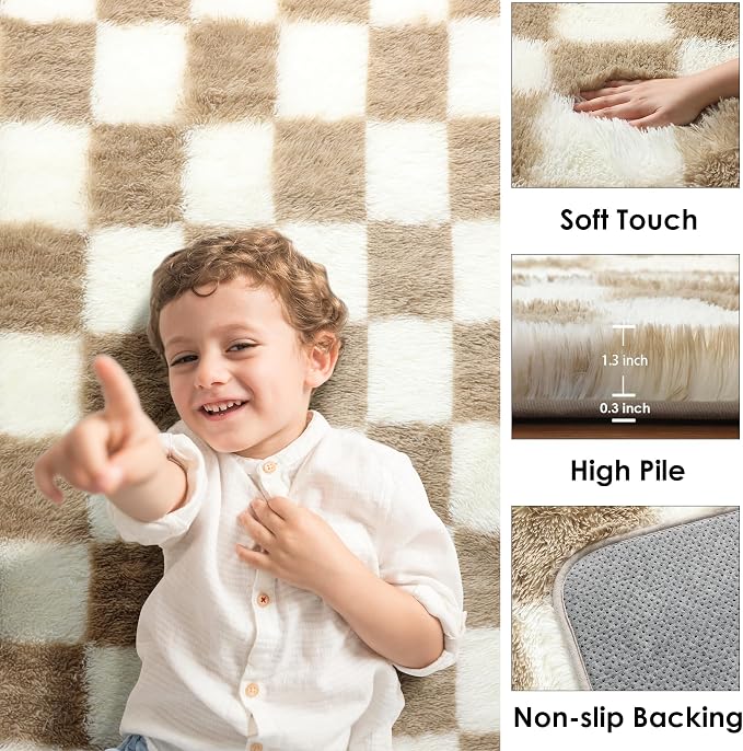 KICMOR Rugs for Living Room, 5x8 Fluffy Soft Beige and Cream White Checkered - Image 2