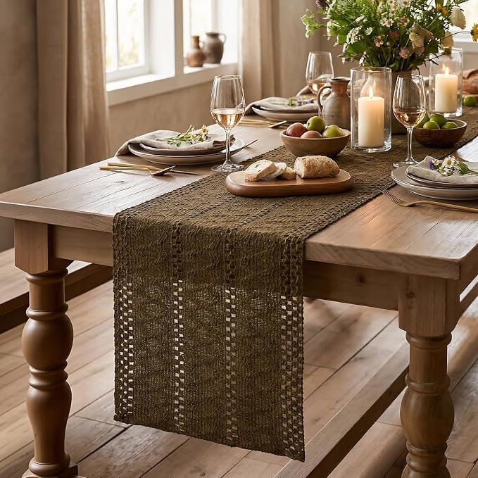 Artoid Mode Coffee Woven Farmhouse Hollow Table Runner 12x90 Inch | Holiday - Image 6