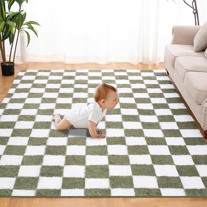 Super Soft Rug for Bedroom, 3x5 Ft Green and White Area Rug Classic Checkered by TOOHUB