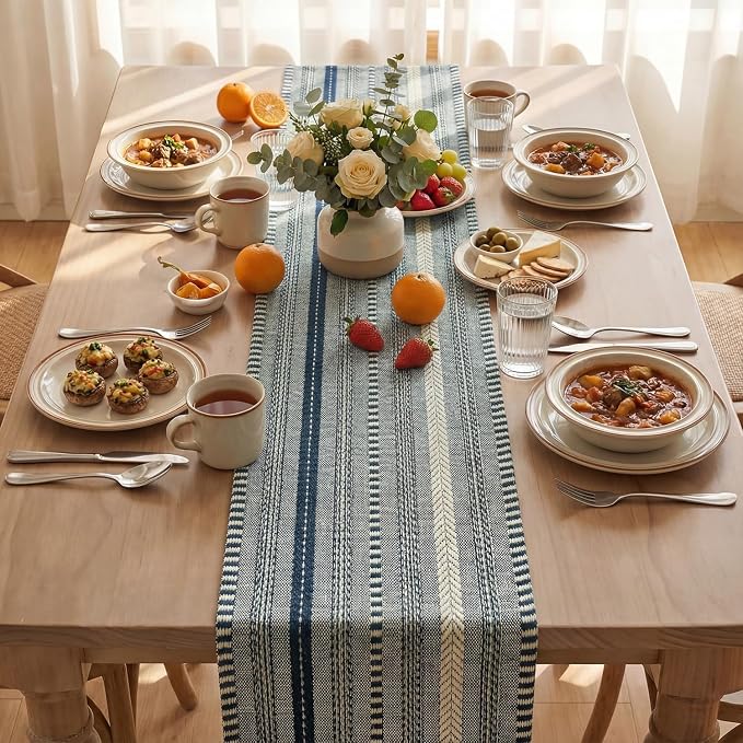 Artoid Mode Dark Blue Farmhouse Stripe Braided Table Runner 12x72 Inch | - Image 3