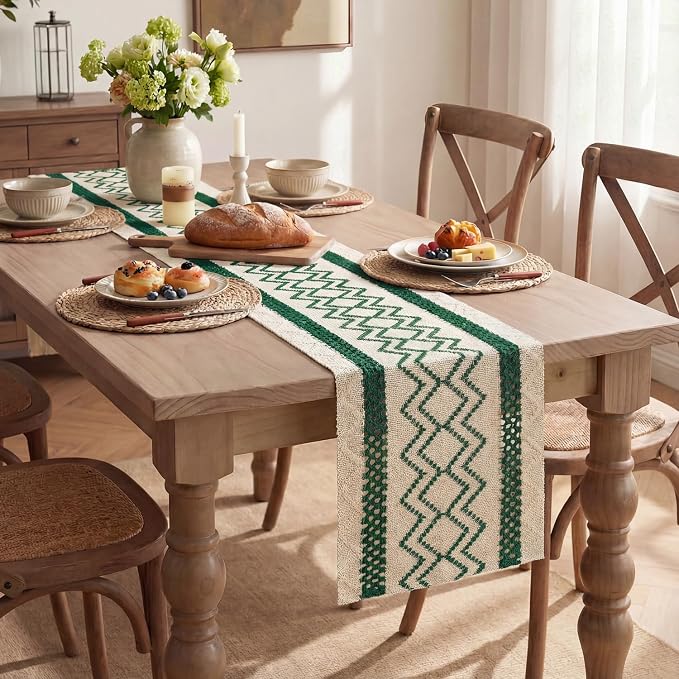 Artoid Mode Forest Green Stripe Diamond Woven Table Runner 12x36 Inch | Holiday - Image 5
