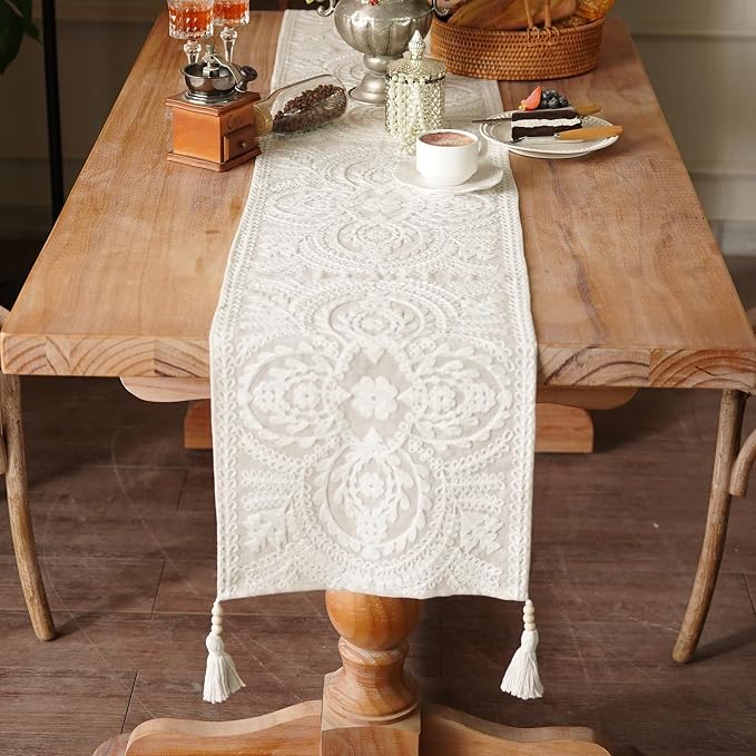 Coffee Table Runner Embroidered Boho Dresser Scarf, 4 Tassel Pendants, Layered - Image 3