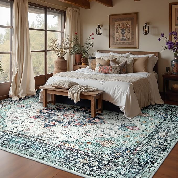 RELEANY Area Rugs Large 10'x12' Washable Non-Slip, Floral Vintage Distress - Image 2