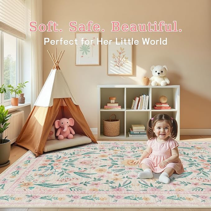 5x7 Pink Floral Nursery Rug, Machine Washable Non Slip Soft Faux Wool Carpet - Image 8
