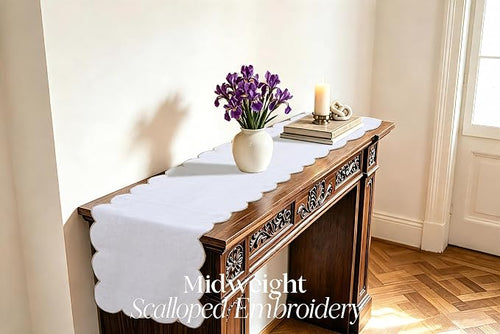 100% Natural Linen Rustic Scalloped Embroidery Table Runner 72 Inches Long - Image 2