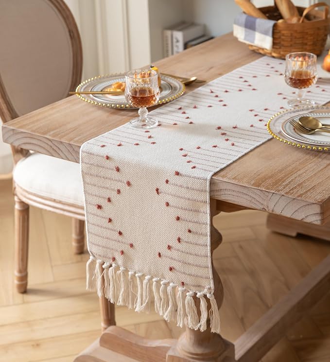 Caflife Boho Table Runner 13 x 60 Inch Long Natural Cotton Woven Runner - Image 2