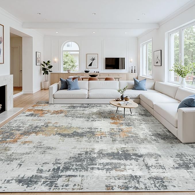 Area Rug 10x12 Living Room Rug Washable: No-Slip Abstract Soft Thin Large Grey by Oriannal